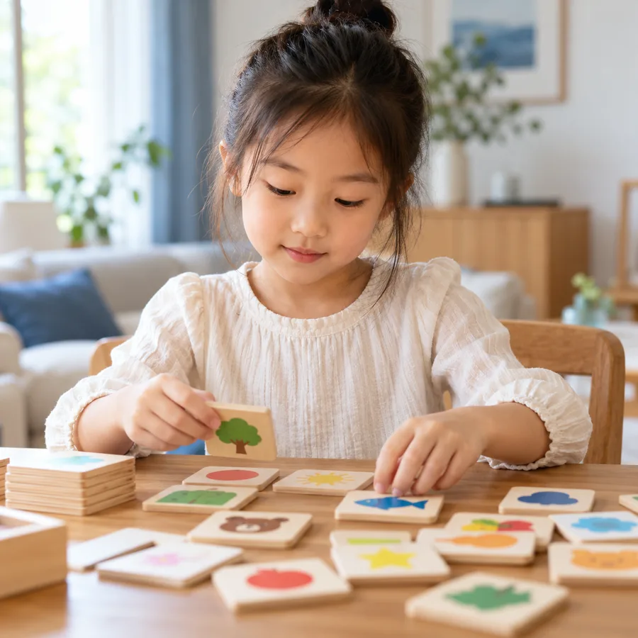 孩子专注完成卡片任务